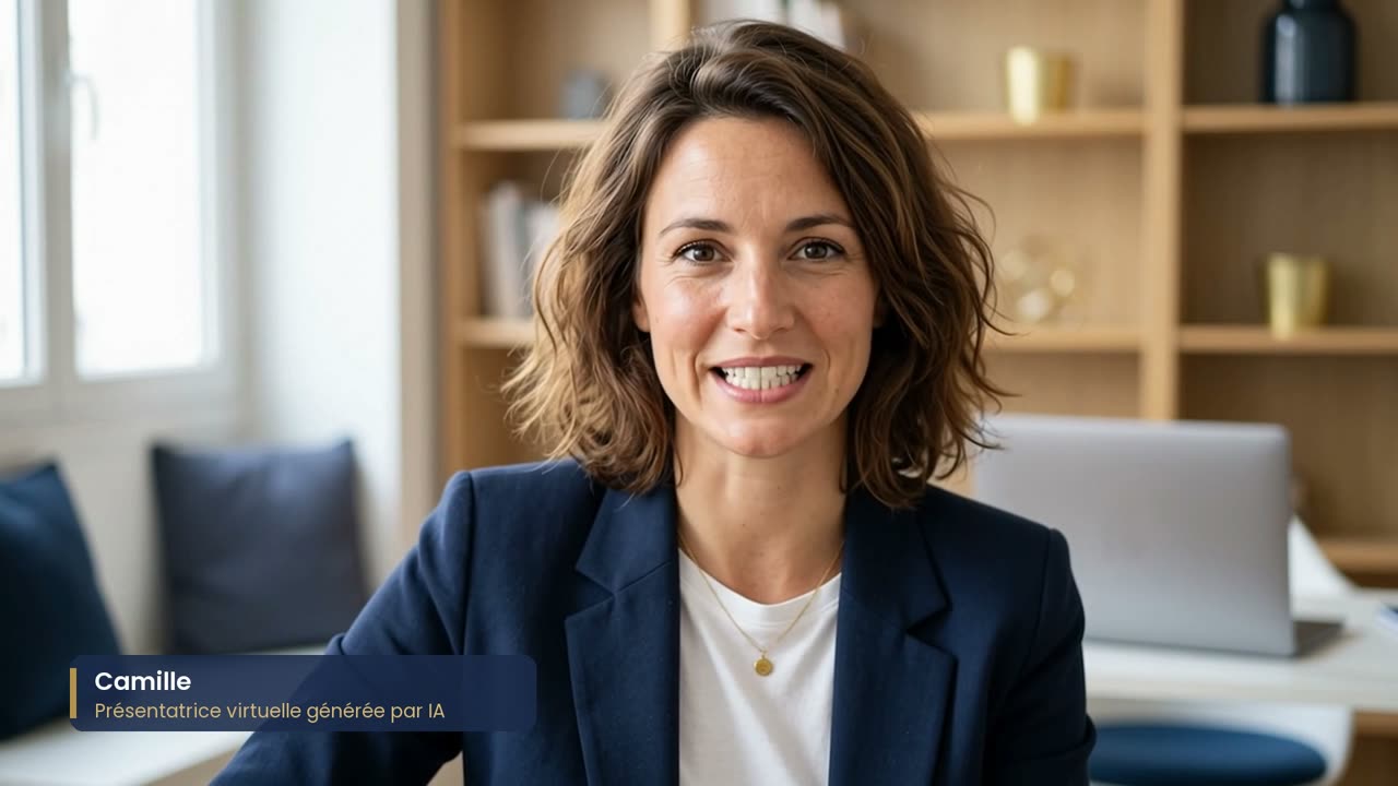 Camille, présentatrice virtuelle générée par IA, souriante devant un bureau